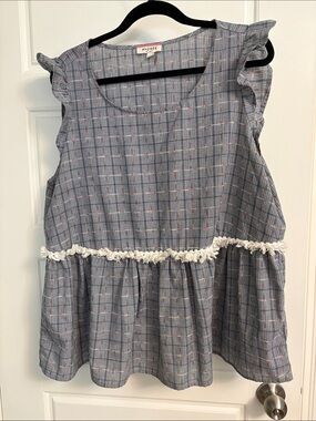 Andree Blue Plaid Ruffle Peplum Top with Fringe Trim